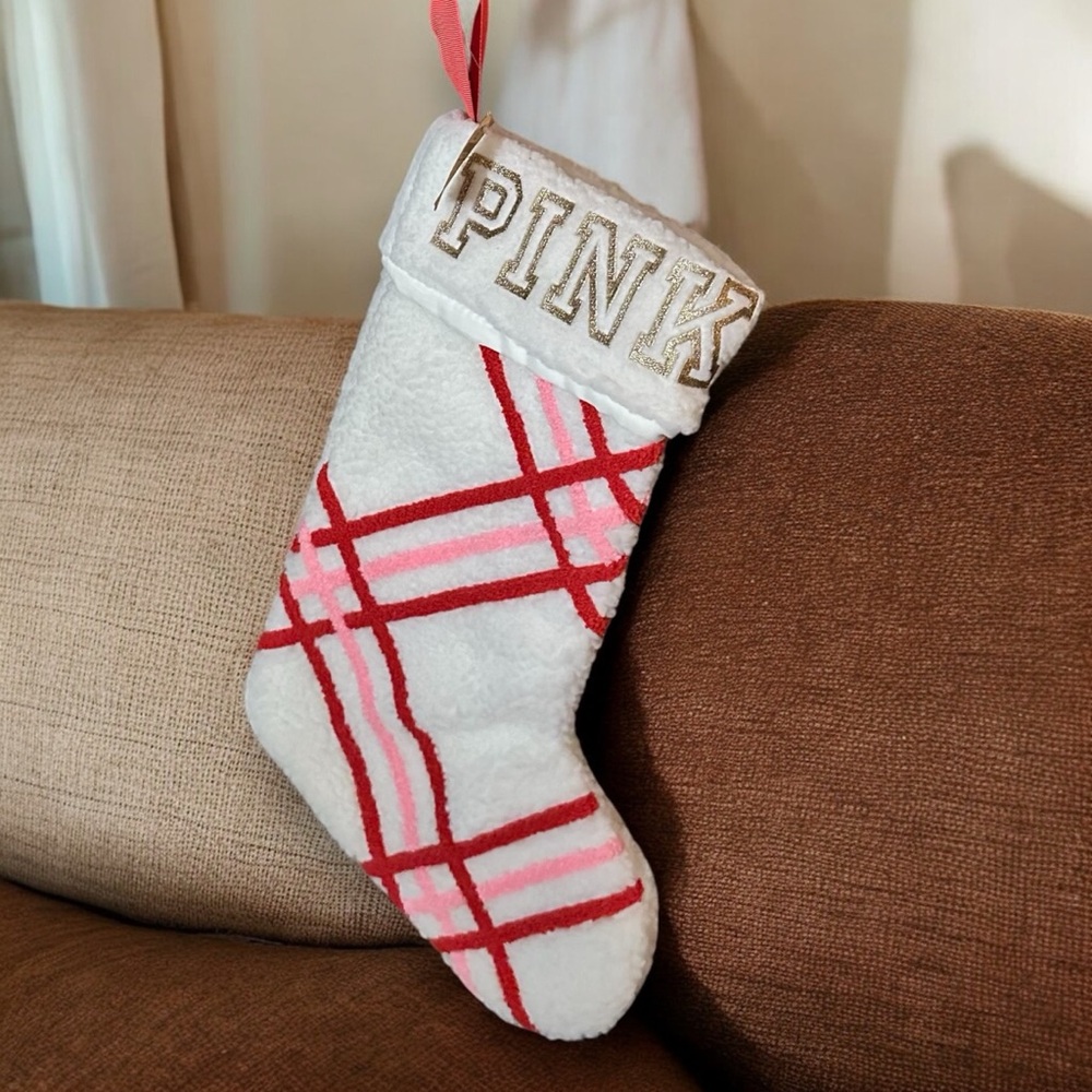 🎅 Christmas Stocking | PINK by Victoria’s Secret | Red / Pink / Gold | Sherpa